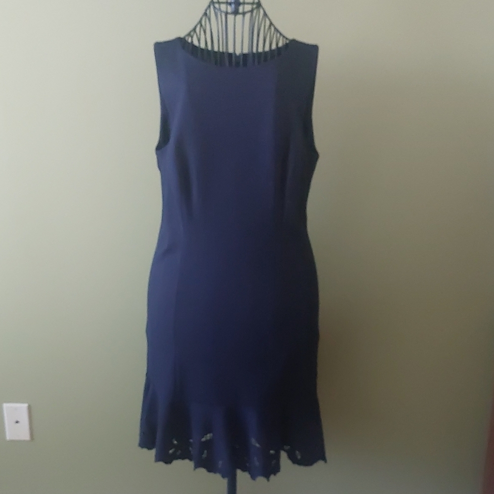 NWT, 12P, Talbots Navy Midi Dress with Flared Eyelet Hem